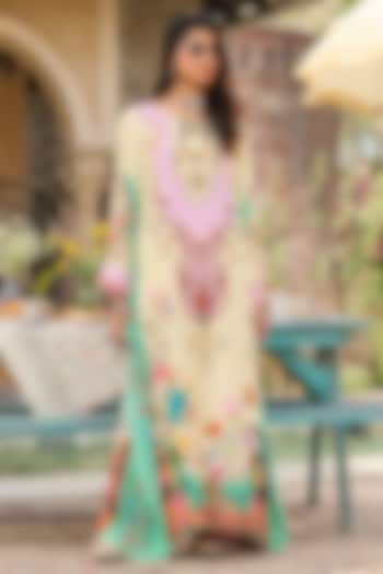 Ivory & Mint Green Crepe Floral Printed Kaftan by RINESSA at Pernia's Pop Up Shop