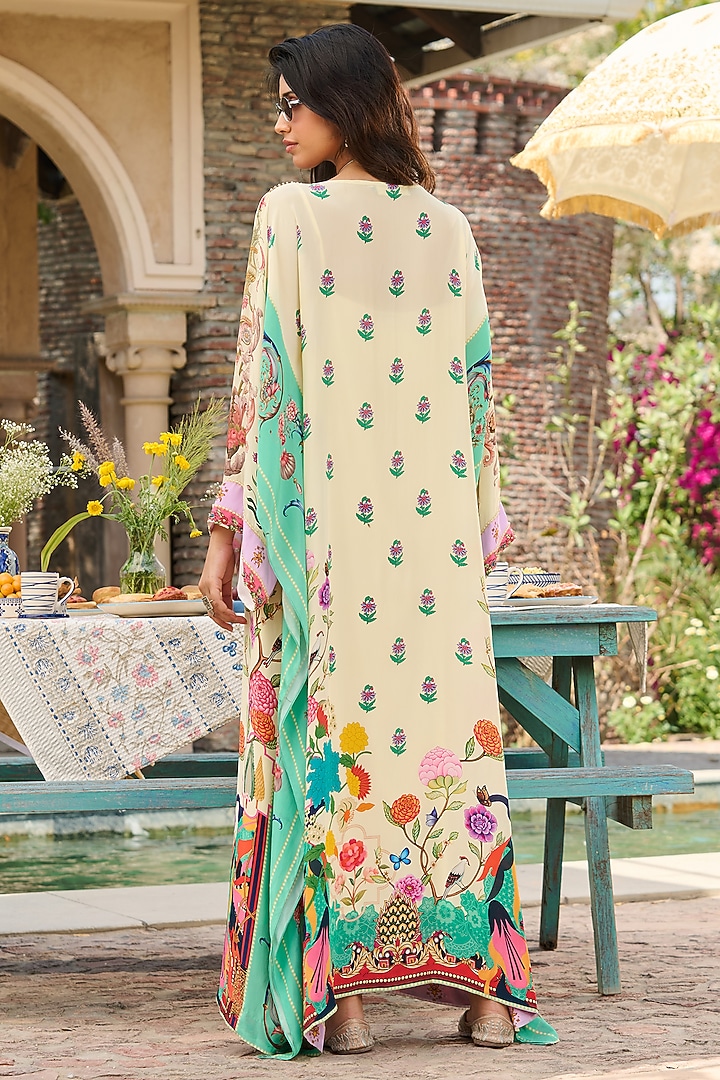 Ivory & Mint Green Crepe Floral Printed Kaftan by RINESSA at Pernia's Pop Up Shop