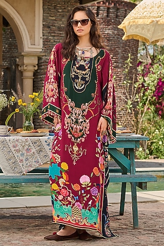 Maroon & Forest Green Crepe Floral Printed Kaftan by RINESSA