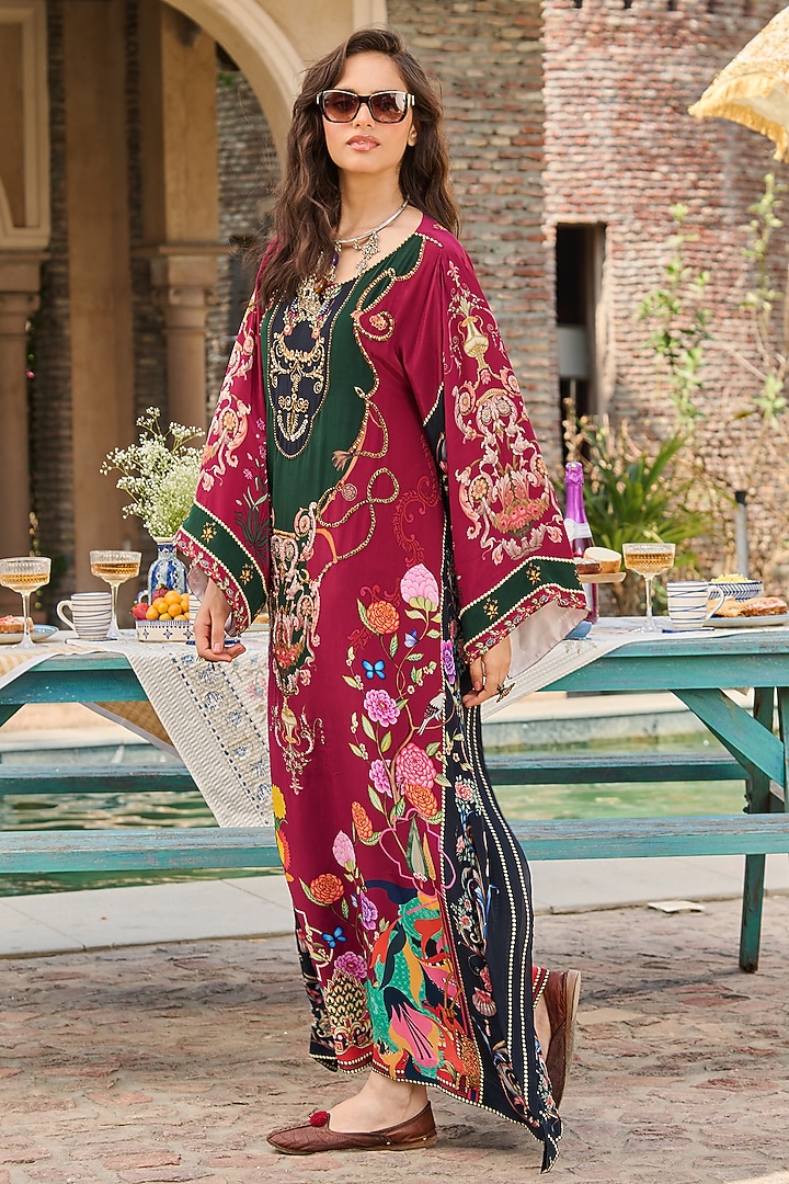 Maroon & Forest Green Crepe Floral Printed Kaftan by RINESSA at Pernia's Pop Up Shop
