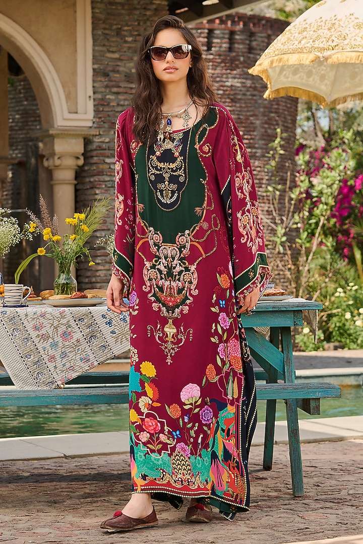 Maroon & Forest Green Crepe Floral Printed Kaftan by RINESSA at Pernia's Pop Up Shop