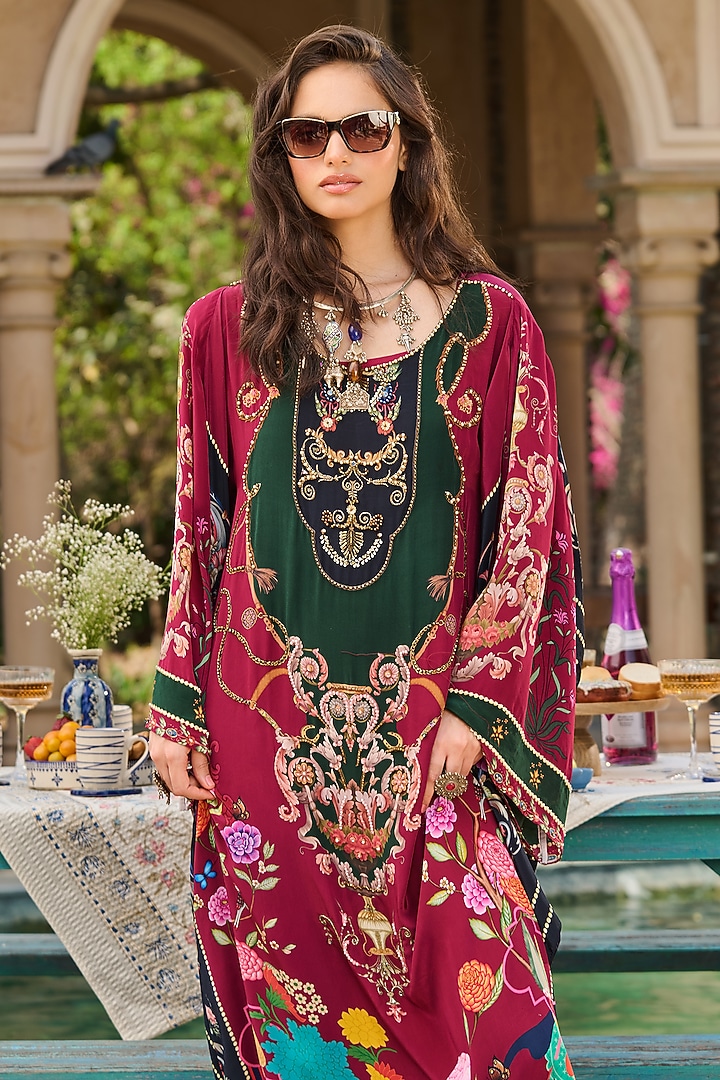 Maroon & Forest Green Crepe Floral Printed Kaftan by RINESSA at Pernia's Pop Up Shop