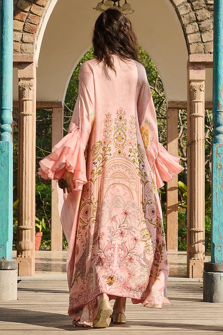 Peach Modal Satin & Organza Printed Kaftan by RINESSA at Pernia's Pop Up Shop