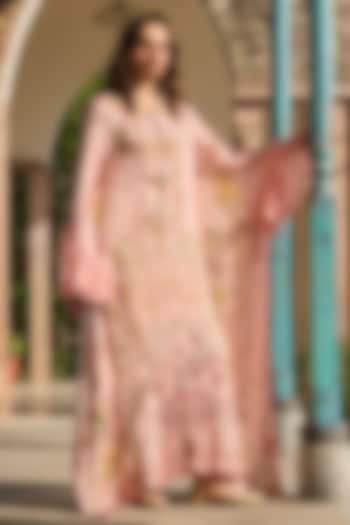 Peach Modal Satin & Organza Printed Kaftan by RINESSA at Pernia's Pop Up Shop