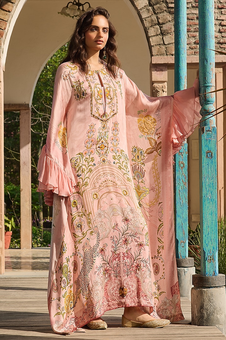 Peach Modal Satin & Organza Printed Kaftan by RINESSA at Pernia's Pop Up Shop