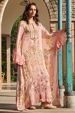 Peach Modal Satin & Organza Printed Kaftan by RINESSA