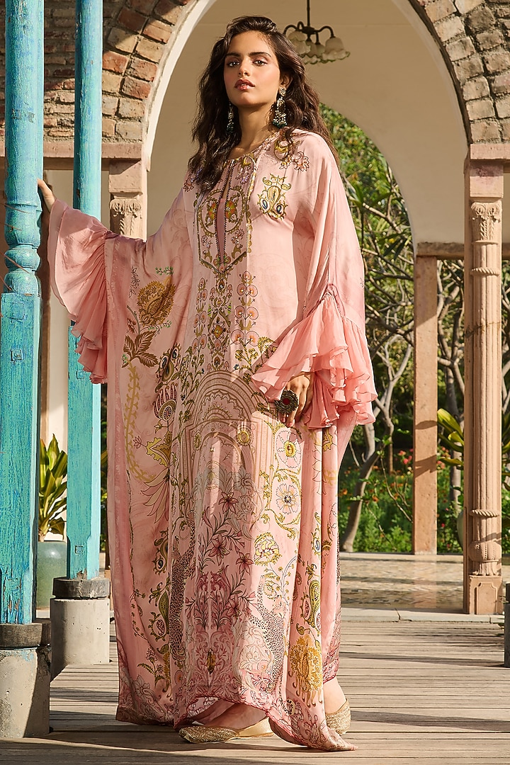 Peach Modal Satin & Organza Printed Kaftan by RINESSA at Pernia's Pop Up Shop