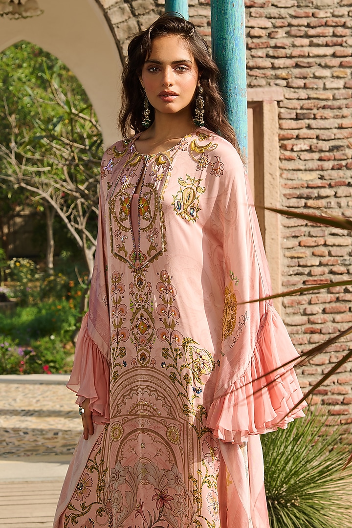 Peach Modal Satin & Organza Printed Kaftan by RINESSA at Pernia's Pop Up Shop