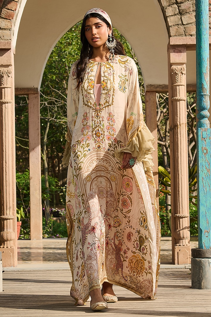 Beige & Olive Modal Satin Printed Kaftan by RINESSA at Pernia's Pop Up Shop