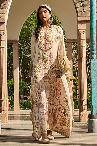 Beige & Olive Modal Satin Printed Kaftan by RINESSA