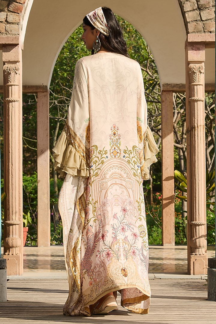 Beige & Olive Modal Satin Printed Kaftan by RINESSA at Pernia's Pop Up Shop