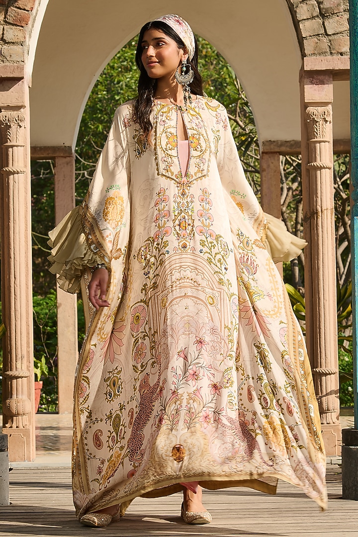 Beige & Olive Modal Satin Printed Kaftan by RINESSA at Pernia's Pop Up Shop