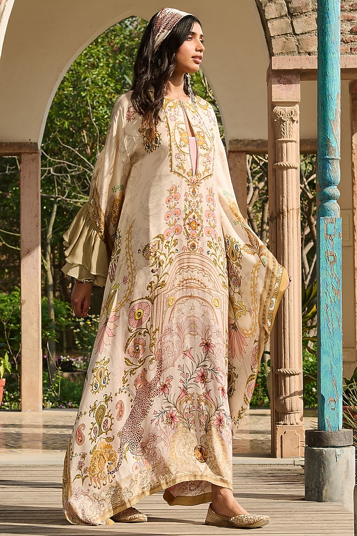 Beige & Olive Modal Satin Printed Kaftan by RINESSA at Pernia's Pop Up Shop