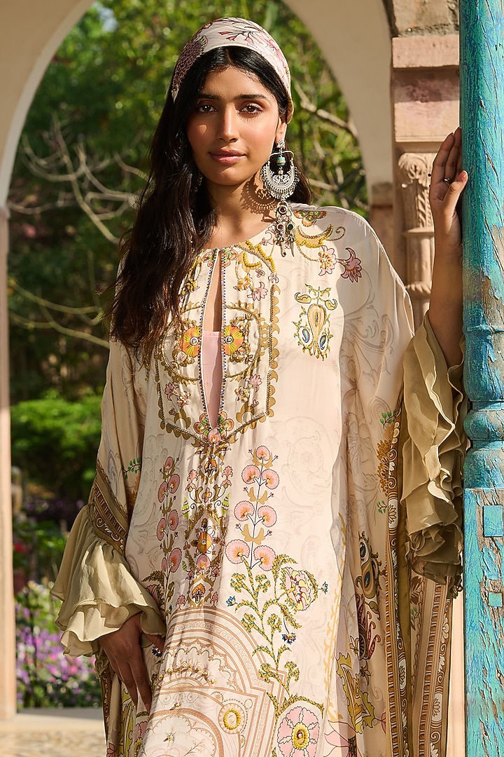 Beige & Olive Modal Satin Printed Kaftan by RINESSA at Pernia's Pop Up Shop