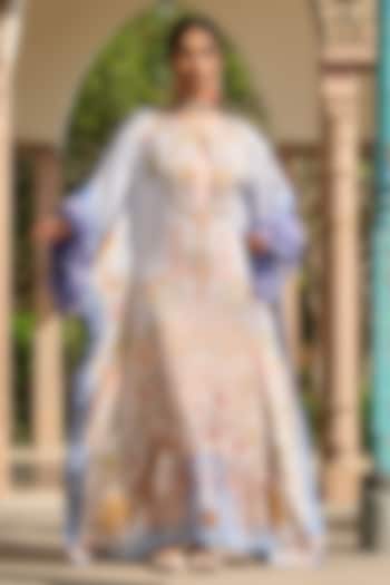 Powder Blue Modal Satin & Organza Printed Kaftan by RINESSA at Pernia's Pop Up Shop
