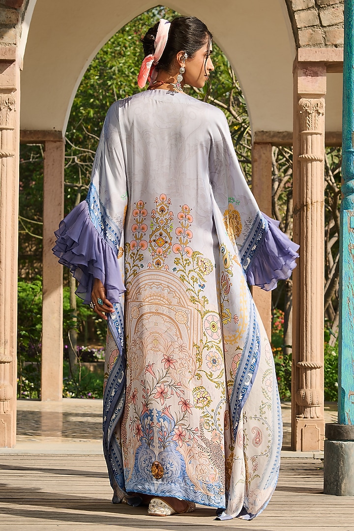 Powder Blue Modal Satin & Organza Printed Kaftan by RINESSA at Pernia's Pop Up Shop