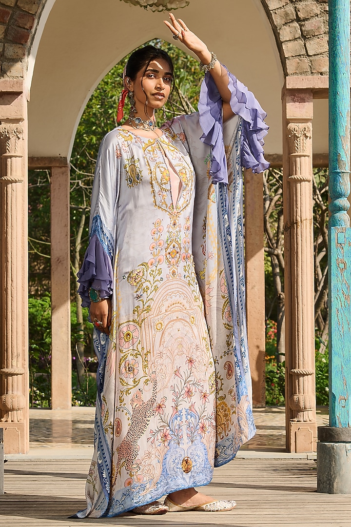 Powder Blue Modal Satin & Organza Printed Kaftan by RINESSA at Pernia's Pop Up Shop