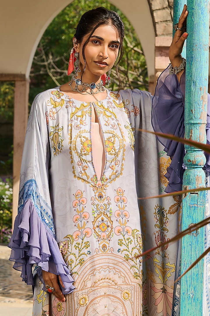 Powder Blue Modal Satin & Organza Printed Kaftan by RINESSA at Pernia's Pop Up Shop