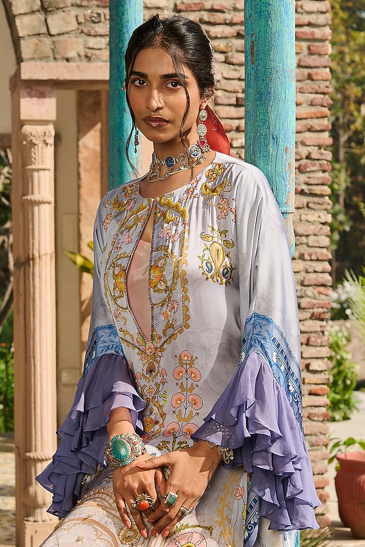 Powder Blue Modal Satin & Organza Printed Kaftan by RINESSA at Pernia's Pop Up Shop