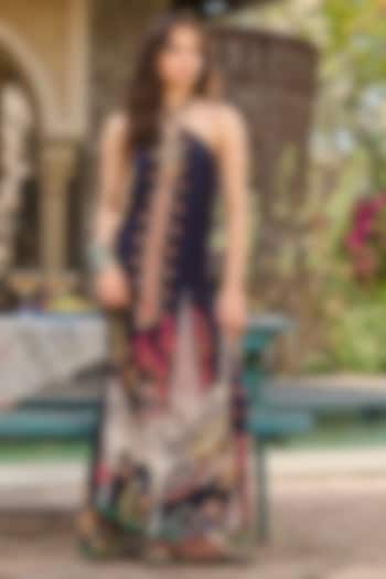Navy Blue Satin Georgette Printed Kaftan by RINESSA at Pernia's Pop Up Shop