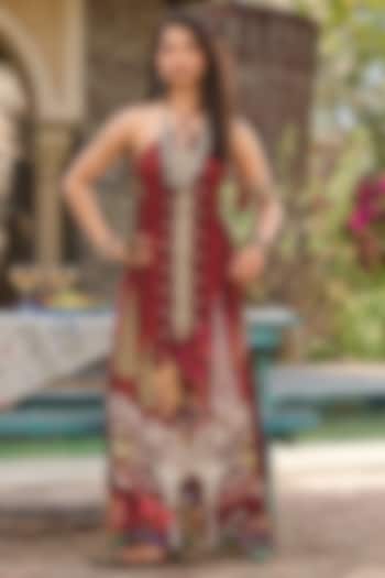 Maroon Satin Georgette Printed Kaftan by RINESSA at Pernia's Pop Up Shop