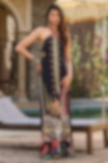 Black Satin Georgette Printed Kaftan by RINESSA at Pernia's Pop Up Shop