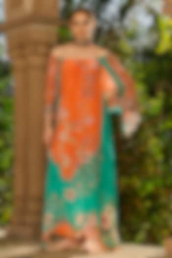 Orange & Green Crepe Printed Kaftan by RINESSA at Pernia's Pop Up Shop
