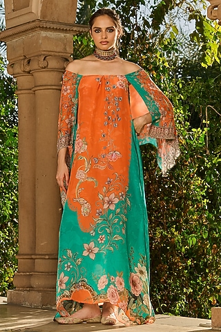 Orange & Green Crepe Printed Kaftan by RINESSA