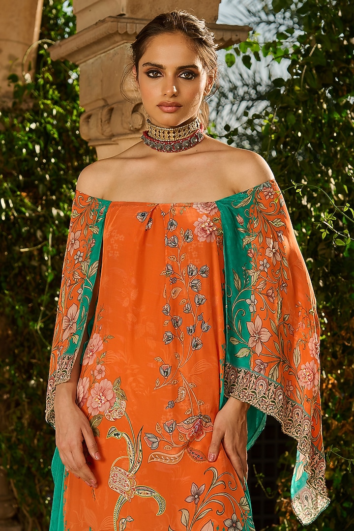 Orange & Green Crepe Printed Kaftan by RINESSA at Pernia's Pop Up Shop