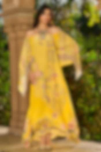 Yellow Crepe Printed Kaftan by RINESSA at Pernia's Pop Up Shop