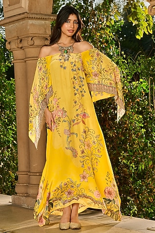 Yellow Crepe Printed Kaftan by RINESSA