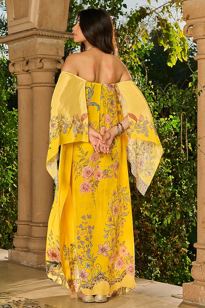 Yellow Crepe Printed Kaftan by RINESSA at Pernia's Pop Up Shop