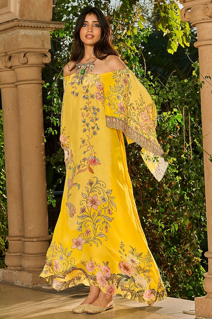 Yellow Crepe Printed Kaftan by RINESSA at Pernia's Pop Up Shop