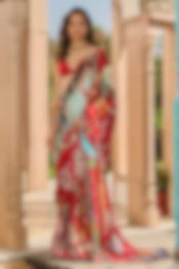 Royal Red Satin & Crepe Printed Party Wear Saree Set by RINESSA at Pernia's Pop Up Shop