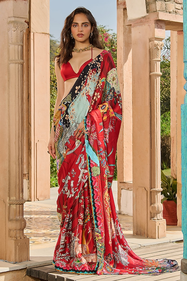 Royal Red Satin & Crepe Printed Party Wear Saree Set by RINESSA at Pernia's Pop Up Shop