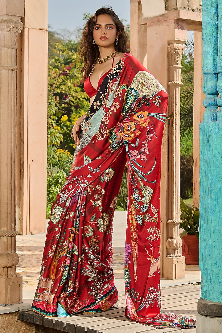 Royal Red Satin & Crepe Printed Party Wear Saree Set by RINESSA at Pernia's Pop Up Shop