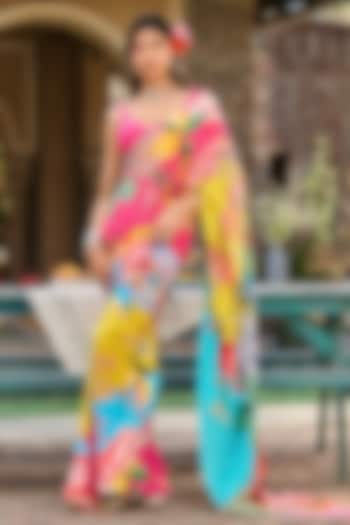 Multi-Colored Satin & Crepe Printed Party Wear Saree Set by RINESSA at Pernia's Pop Up Shop