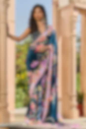 Teal Green Satin & Crepe Floral Printed Party Wear Saree Set by RINESSA at Pernia's Pop Up Shop