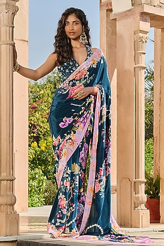 Teal Green Satin & Crepe Floral Printed Saree Set by RINESSA