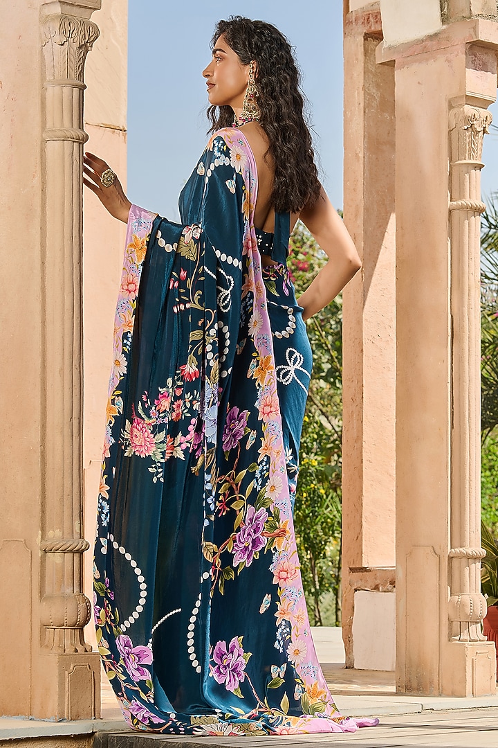 Teal Green Satin & Crepe Floral Printed Party Wear Saree Set by RINESSA at Pernia's Pop Up Shop