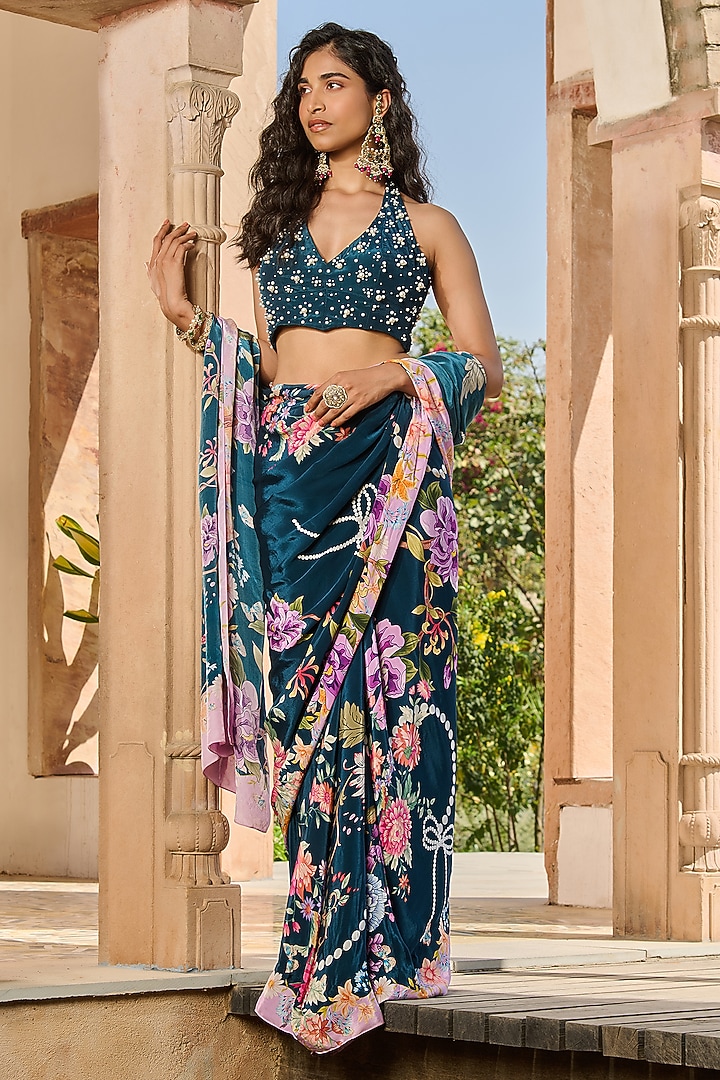 Teal Green Satin & Crepe Floral Printed Party Wear Saree Set by RINESSA at Pernia's Pop Up Shop