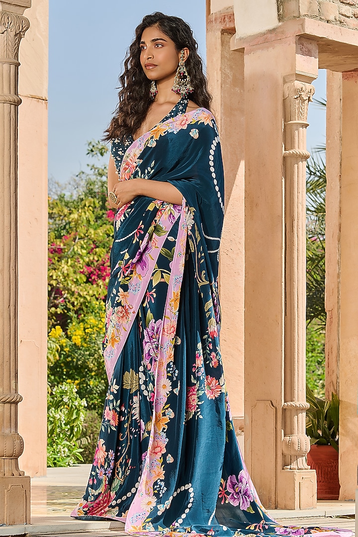 Teal Green Satin & Crepe Floral Printed Party Wear Saree Set by RINESSA at Pernia's Pop Up Shop