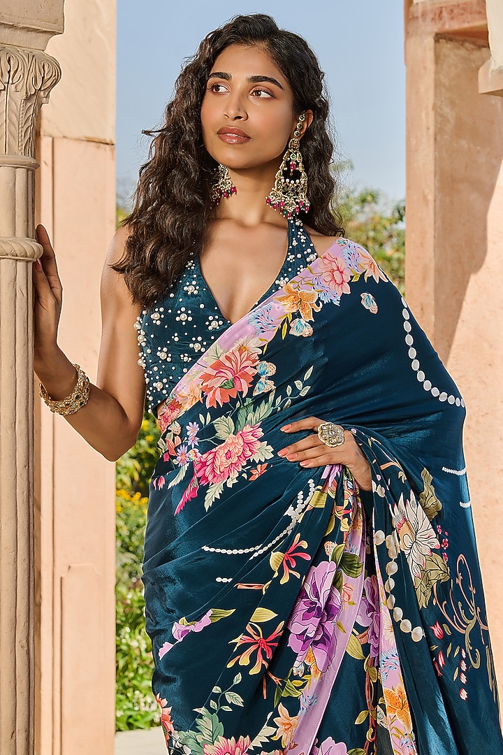 Teal Green Satin & Crepe Floral Printed Party Wear Saree Set by RINESSA at Pernia's Pop Up Shop