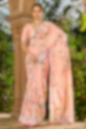 Peach Dupion Silk & Crepe Floral Printed Party Wear Saree Set by RINESSA at Pernia's Pop Up Shop