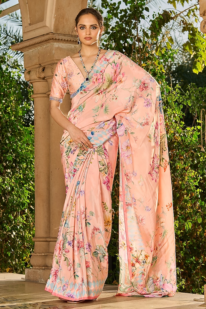 Peach Dupion Silk & Crepe Floral Printed Party Wear Saree Set by RINESSA at Pernia's Pop Up Shop