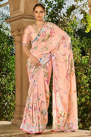 Peach Dupion Silk & Crepe Floral Printed Saree Set by RINESSA