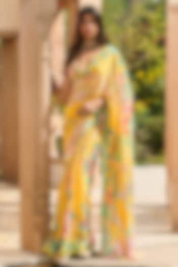 Yellow Satin & Crepe Floral Printed Party Wear Saree Set by RINESSA at Pernia's Pop Up Shop