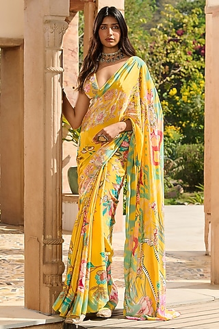 Yellow Satin & Crepe Floral Printed Saree Set by RINESSA