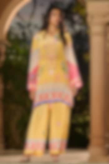 Yellow Silk & Crepe Printed Kurta Set by RINESSA at Pernia's Pop Up Shop