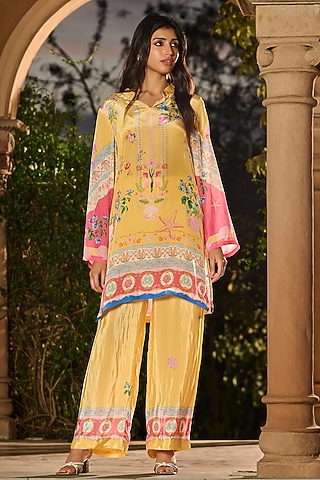 Yellow Silk & Crepe Printed Kurta Set by RINESSA